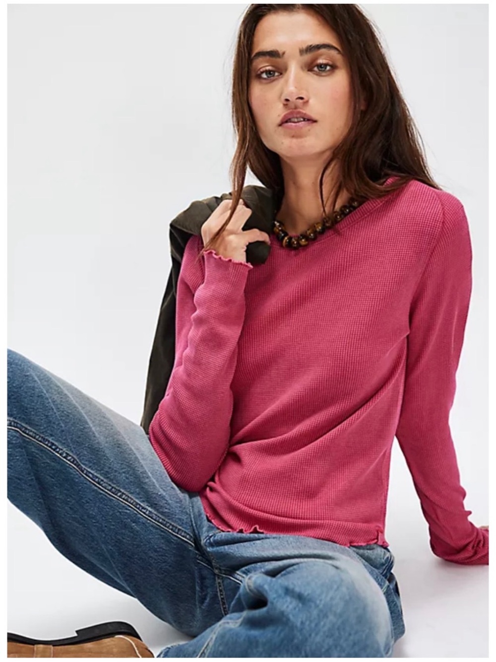 Free People We The Free Women’s Sz L Red Waffle Knit Top Long Sleeve Stretch